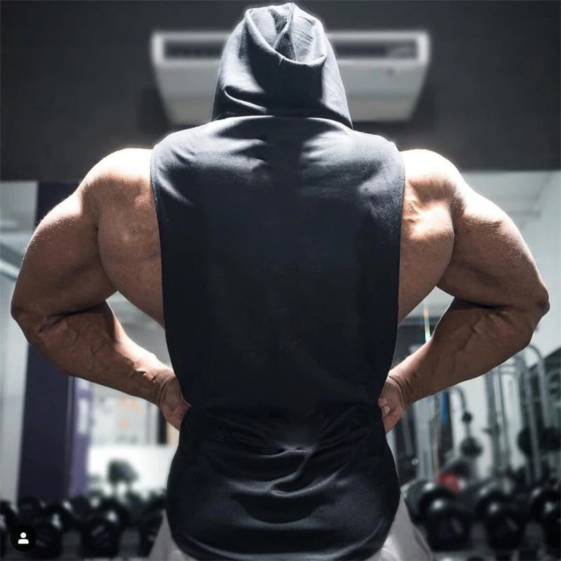 2023 New Men Bodybuilding Cotton Tank Top Gyms Fitness Hooded Vest Sleeveless Hoodie Casual Fashion Loose Workout Clothing
