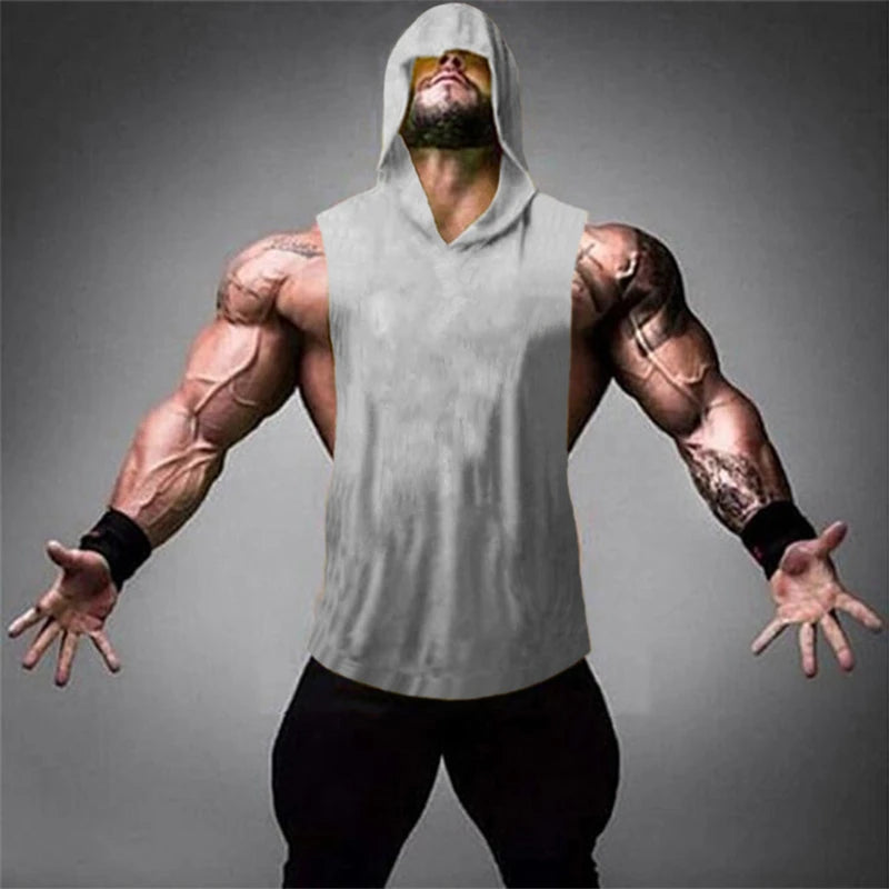 2023 New Men Bodybuilding Cotton Tank Top Gyms Fitness Hooded Vest Sleeveless Hoodie Casual Fashion Loose Workout Clothing