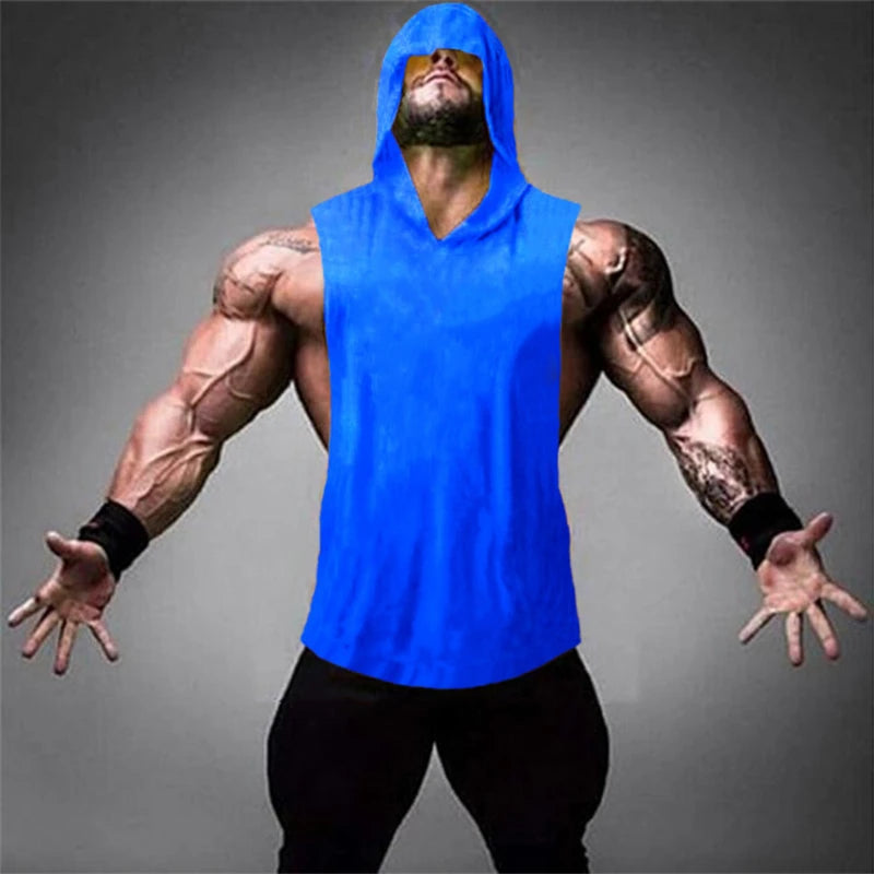 2023 New Men Bodybuilding Cotton Tank Top Gyms Fitness Hooded Vest Sleeveless Hoodie Casual Fashion Loose Workout Clothing