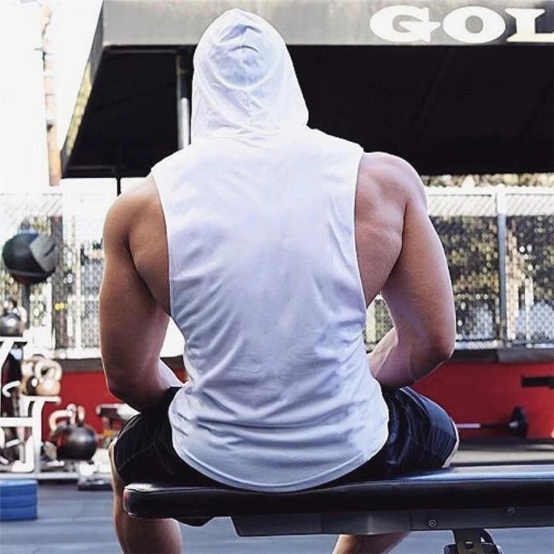 2023 New Men Bodybuilding Cotton Tank Top Gyms Fitness Hooded Vest Sleeveless Hoodie Casual Fashion Loose Workout Clothing