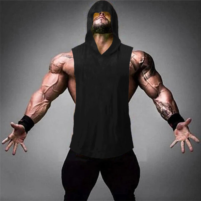 2023 New Men Bodybuilding Cotton Tank Top Gyms Fitness Hooded Vest Sleeveless Hoodie Casual Fashion Loose Workout Clothing